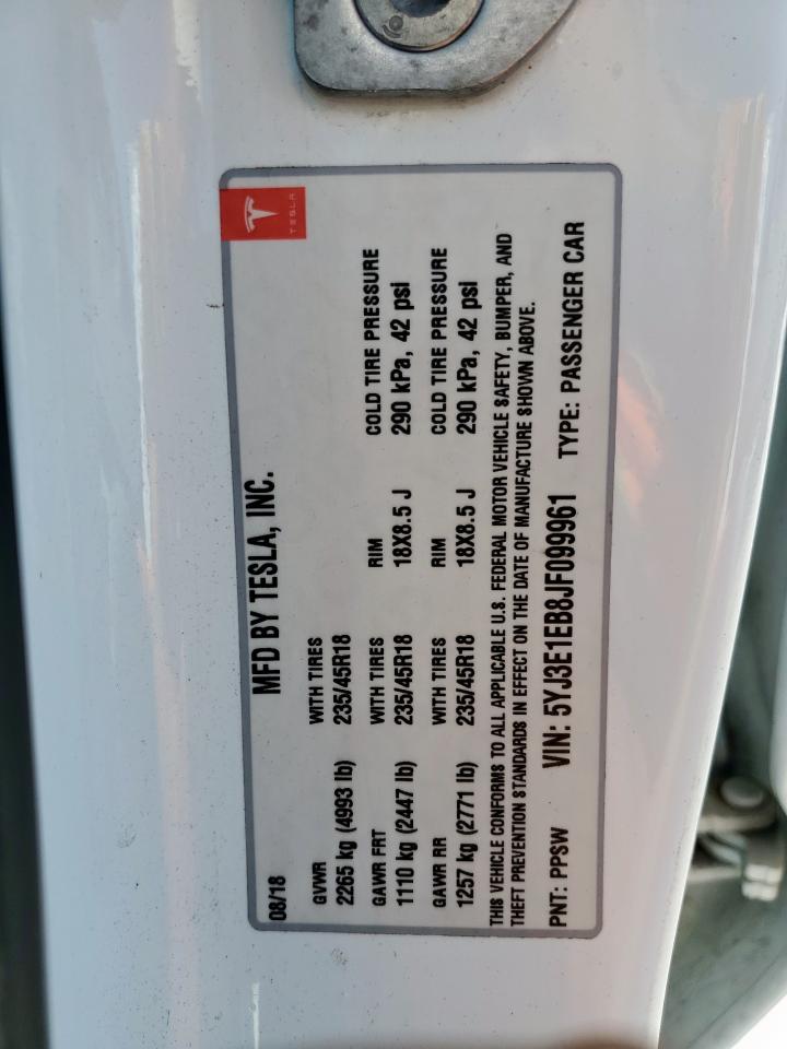 2018 Tesla Model 3 VIN: 5YJ3E1EB8JF099961 Lot: 72001015