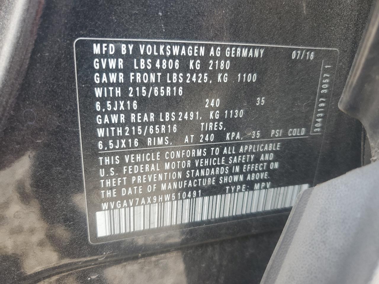 2017 Volkswagen Tiguan S VIN: WVGAV7AX9HW510491 Lot: 81771065