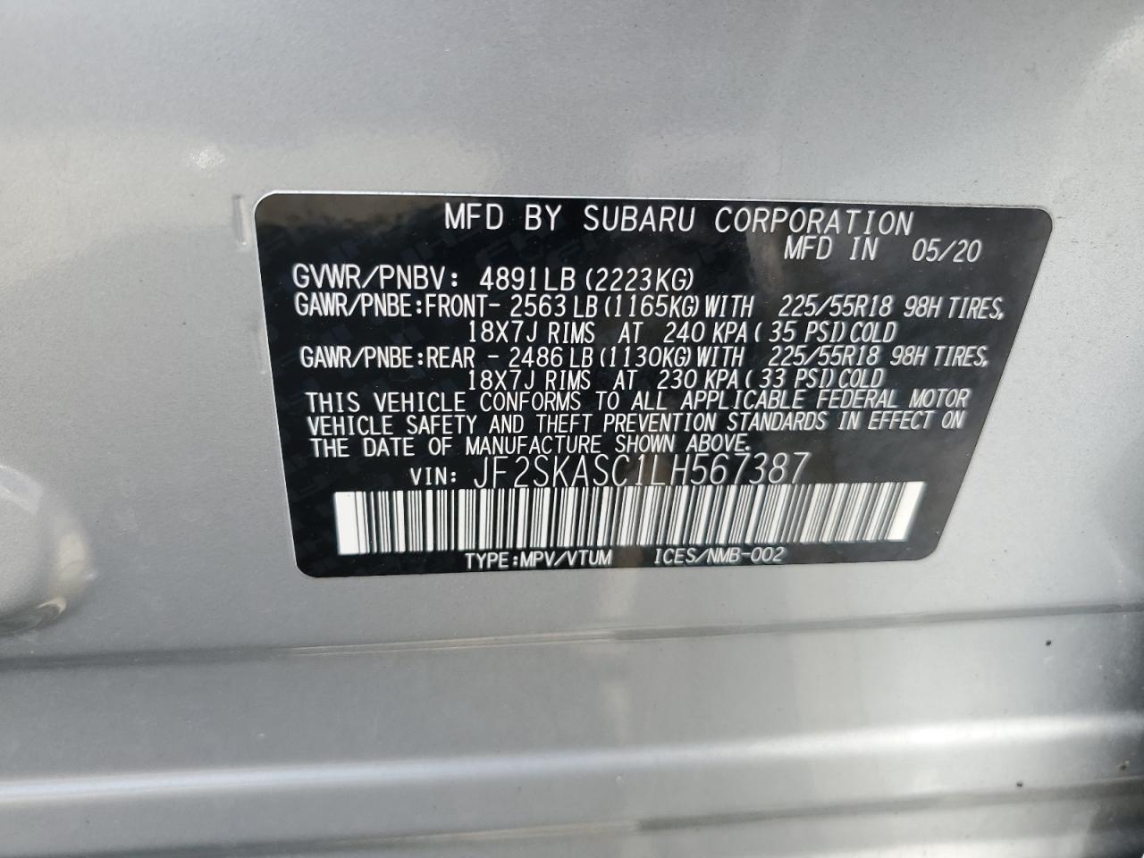 2020 Subaru Forester Limited VIN: JF2SKASC1LH567387 Lot: 71521275