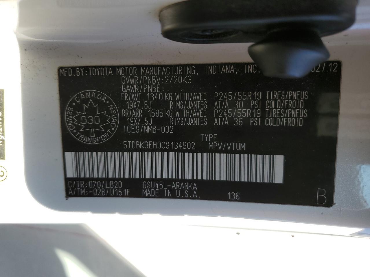 2012 Toyota Highlander Base VIN: 5TDBK3EH0CS134902 Lot: 71627545