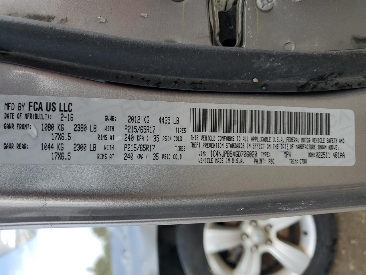 2016 Jeep Patriot Sport VIN: 1C4NJPBBXGD706020 Lot: 71832075