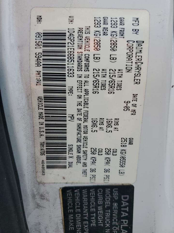 2006 Dodge Caravan C/V VIN: 1D4GP21E66B511633 Lot: 84272085