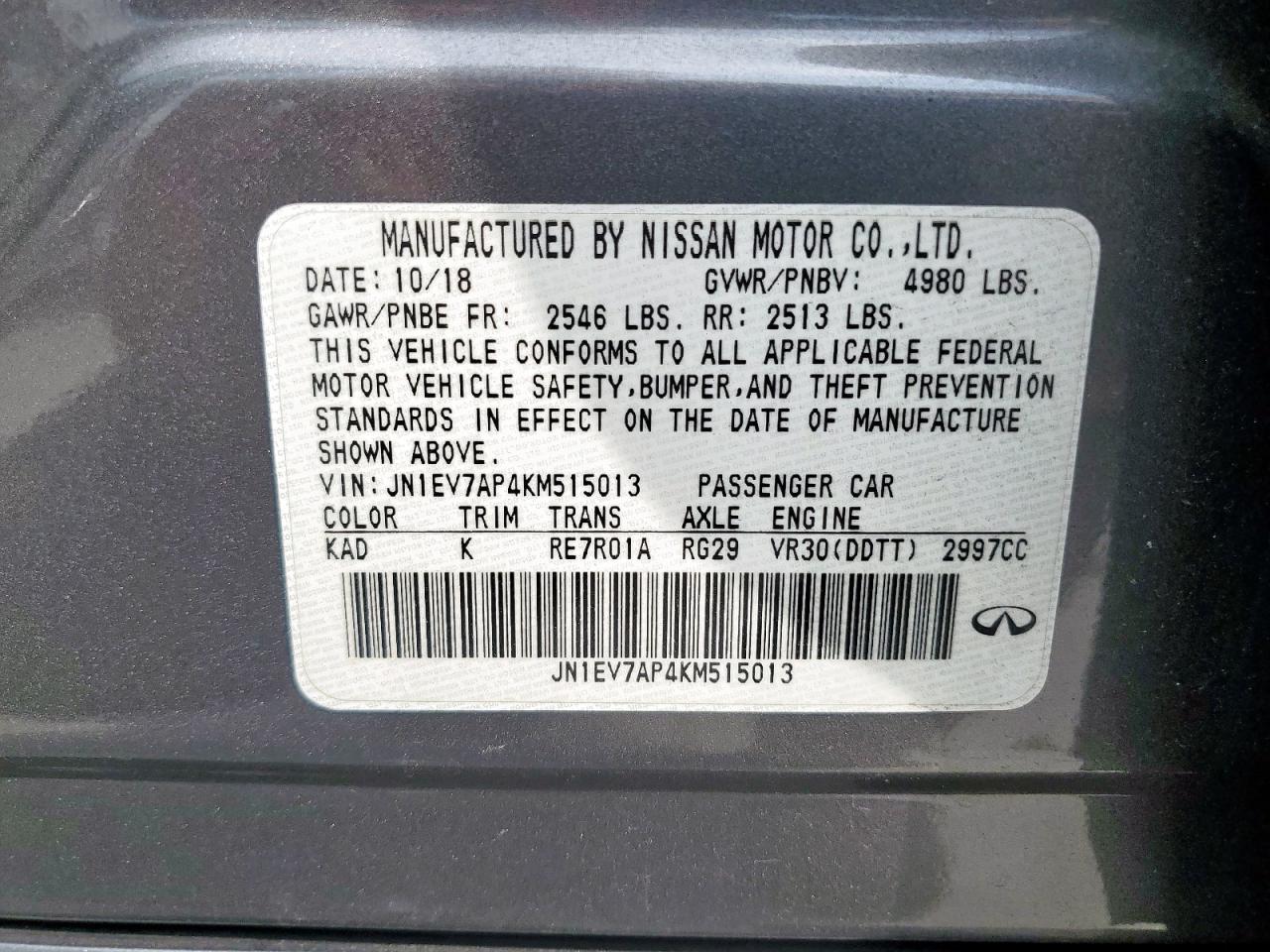 2019 Infiniti Q50 Luxe VIN: JN1EV7AP4KM515013 Lot: 70985985