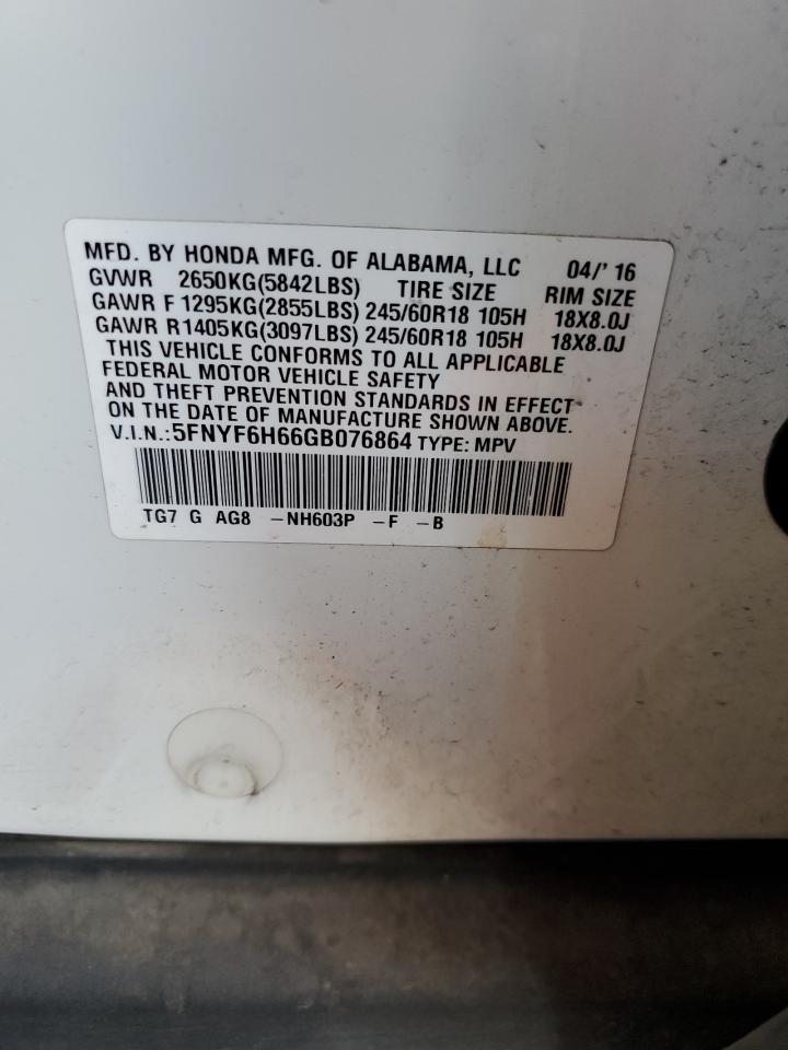 2016 Honda Pilot Exl VIN: 5FNYF6H66GB076864 Lot: 80216595