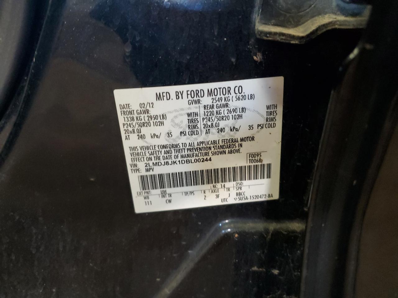 2013 Lincoln Mkx VIN: 2LMDJ8JK1DBL00244 Lot: 80749845