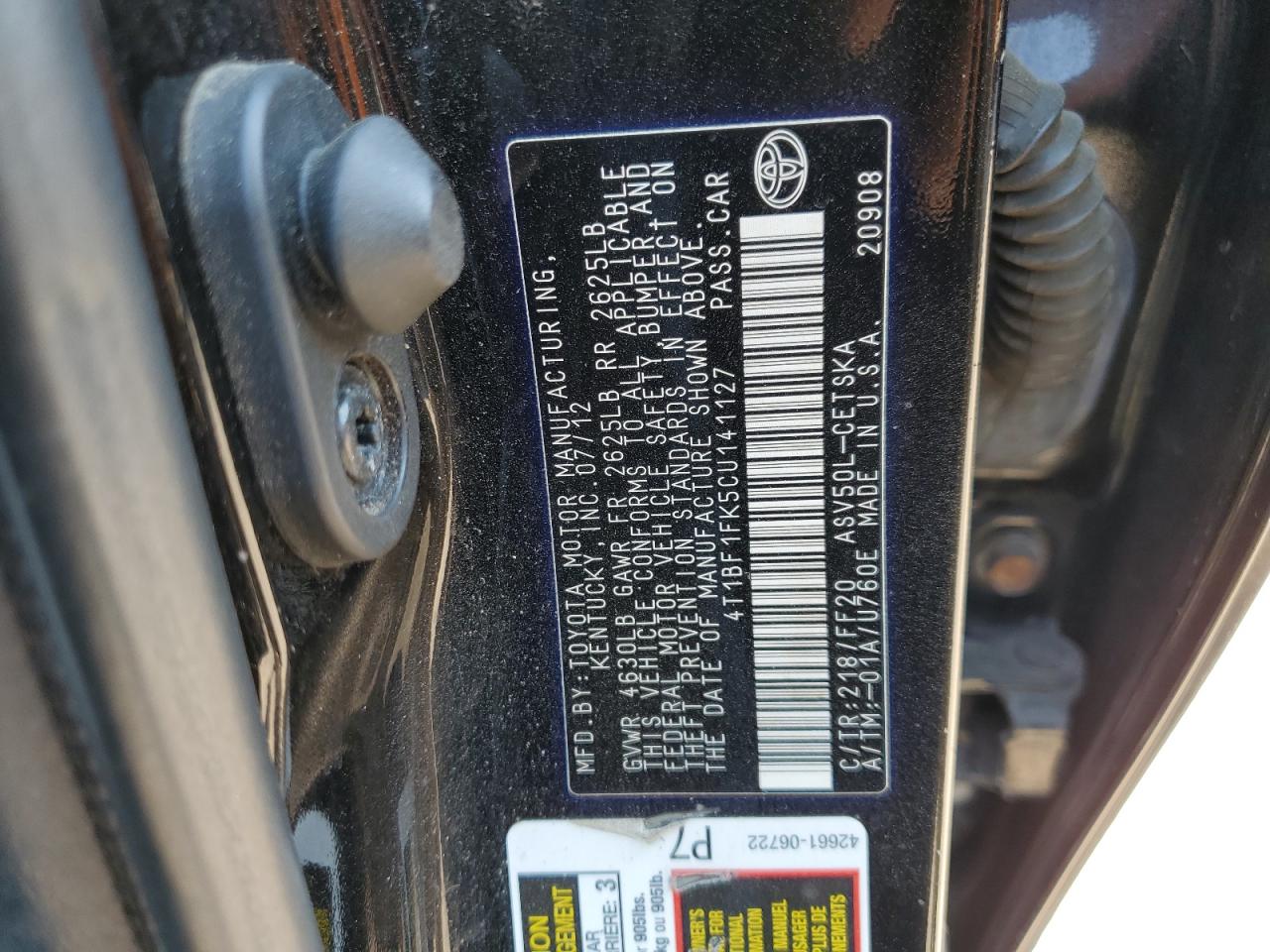 2012 Toyota Camry Base VIN: 4T1BF1FK5CU141127 Lot: 71833985