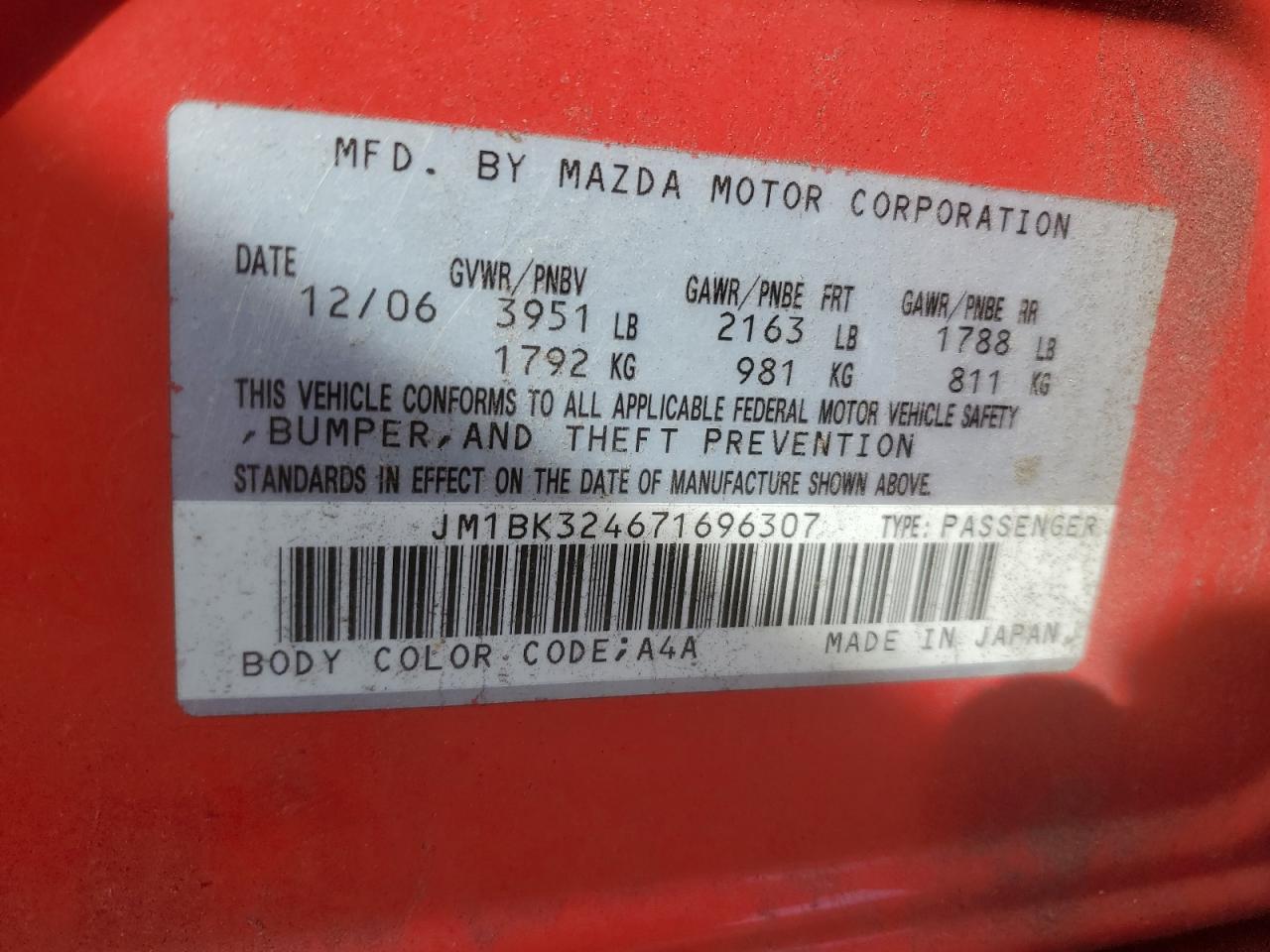 2007 Mazda 3 S VIN: JM1BK324671696307 Lot: 84605485