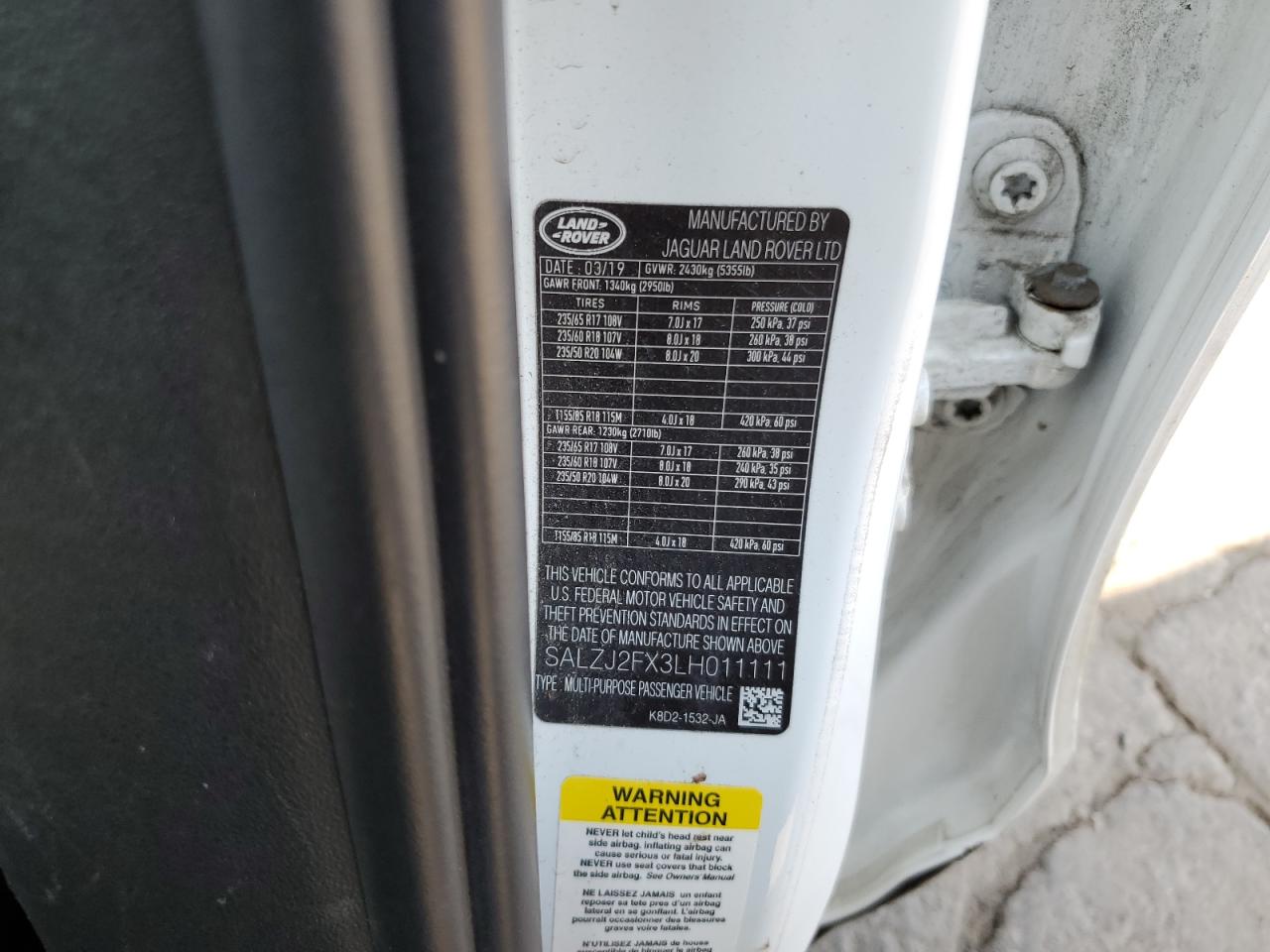 2020 Land Rover Range Rover Evoque S VIN: SALZJ2FX3LH011111 Lot: 80780755