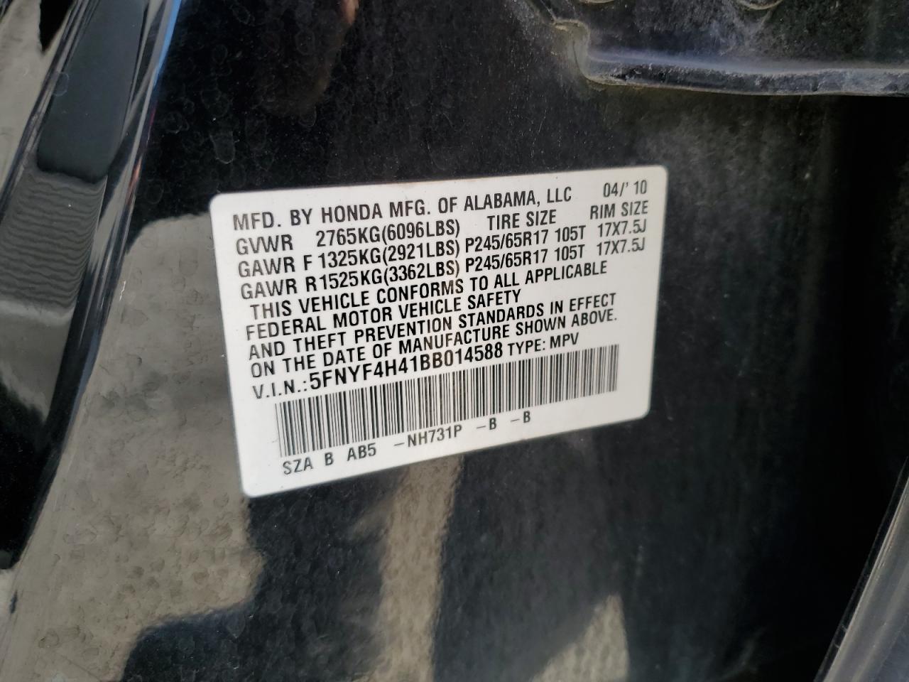 2011 Honda Pilot Ex VIN: 5FNYF4H41BB014588 Lot: 80446505