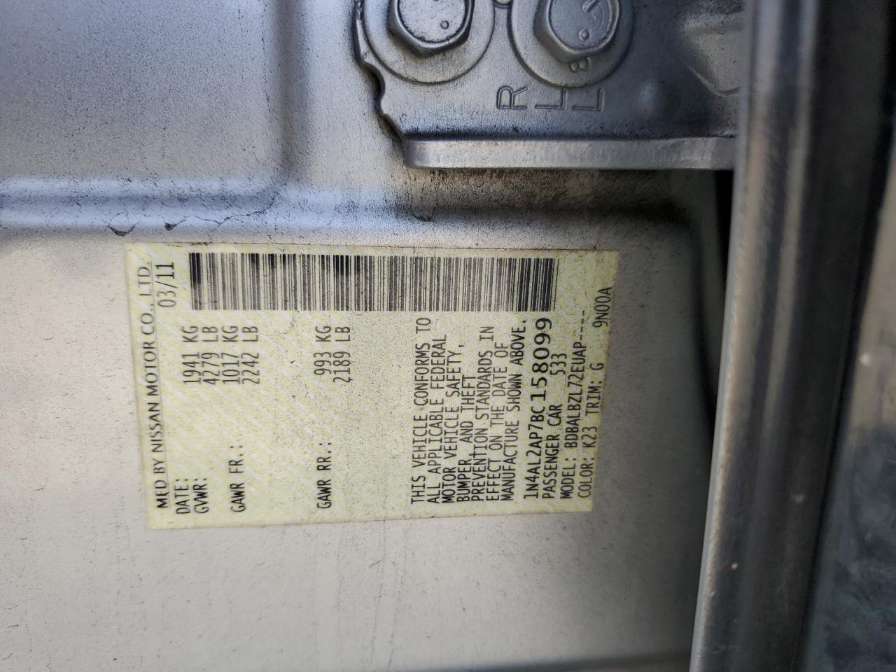 2011 Nissan Altima Base VIN: 1N4AL2AP7BC158099 Lot: 81718845