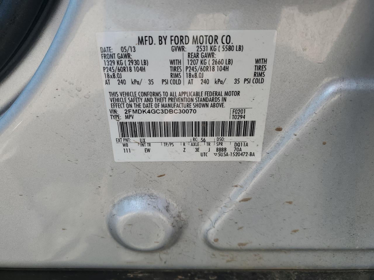 2013 Ford Edge Se VIN: 2FMDK4GC3DBC30070 Lot: 71742735