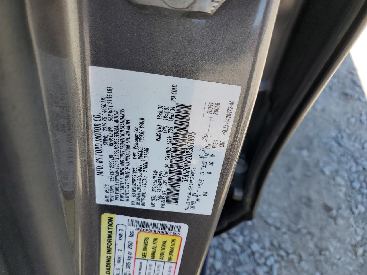 2013 Ford Fusion Se VIN: 3FA6P0HR2DR361895 Lot: 71416495