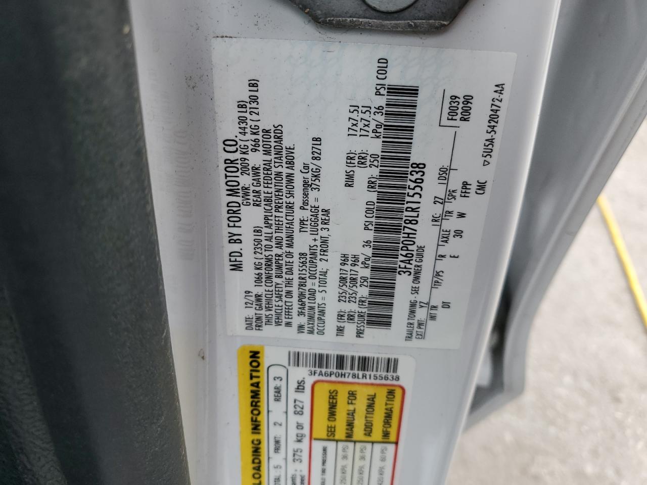 2020 Ford Fusion Se VIN: 3FA6P0H78LR155638 Lot: 84191185