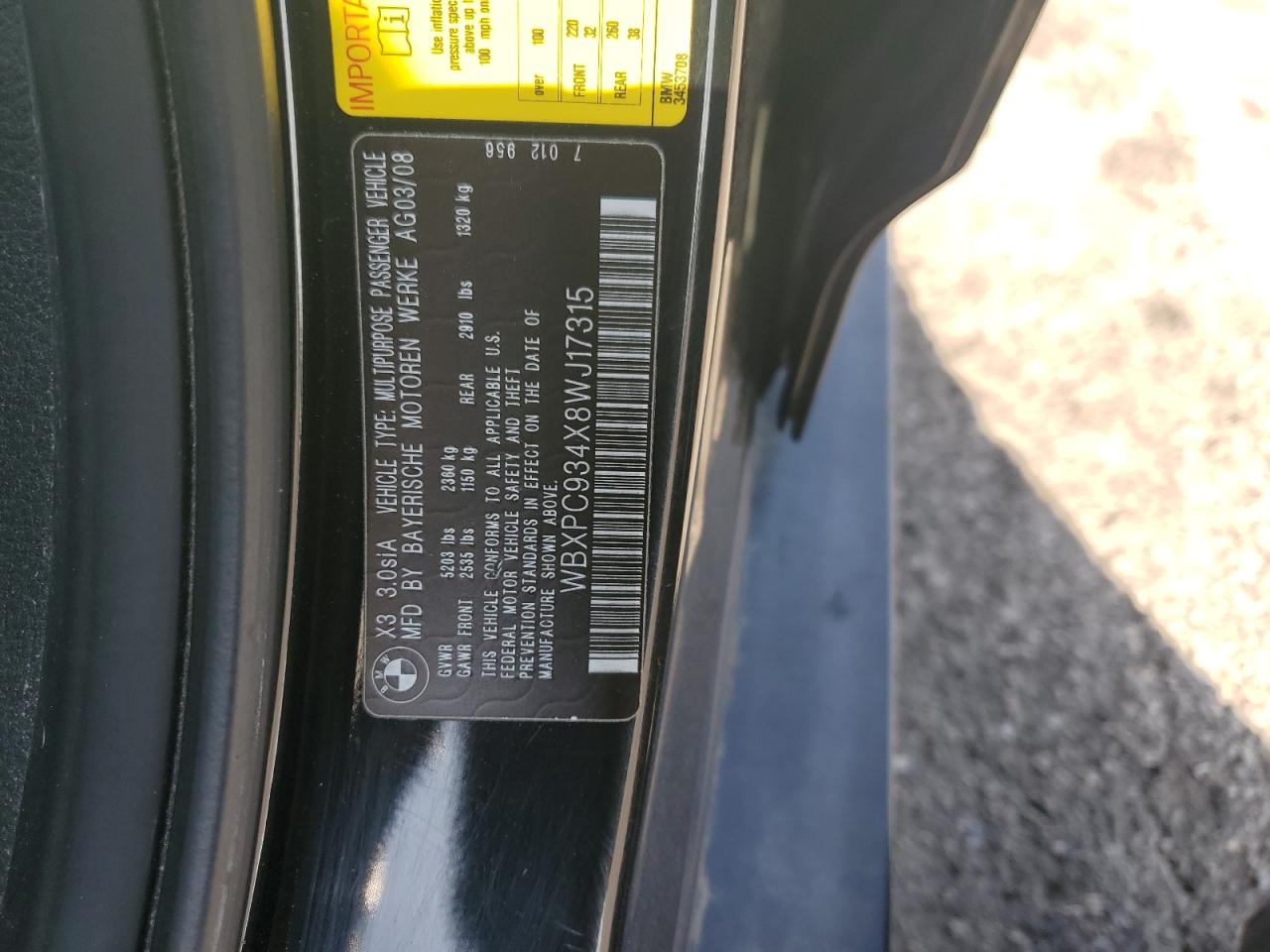 2008 BMW X3 3.0Si VIN: WBXPC934X8WJ17315 Lot: 84783105