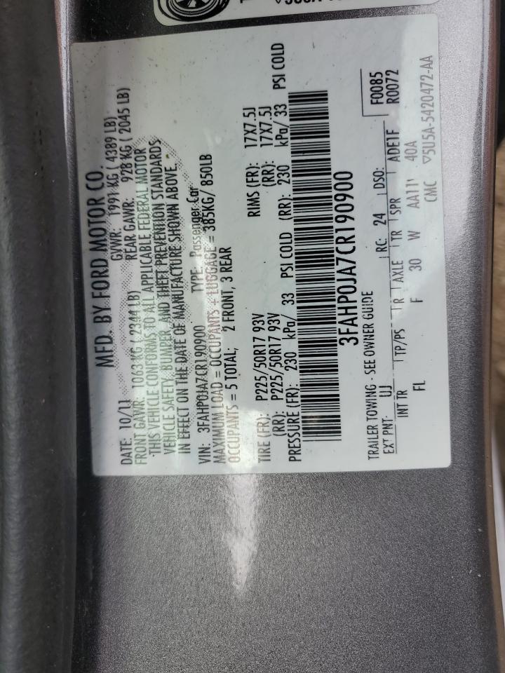 2012 Ford Fusion Sel VIN: 3FAHP0JA7CR190900 Lot: 83750485