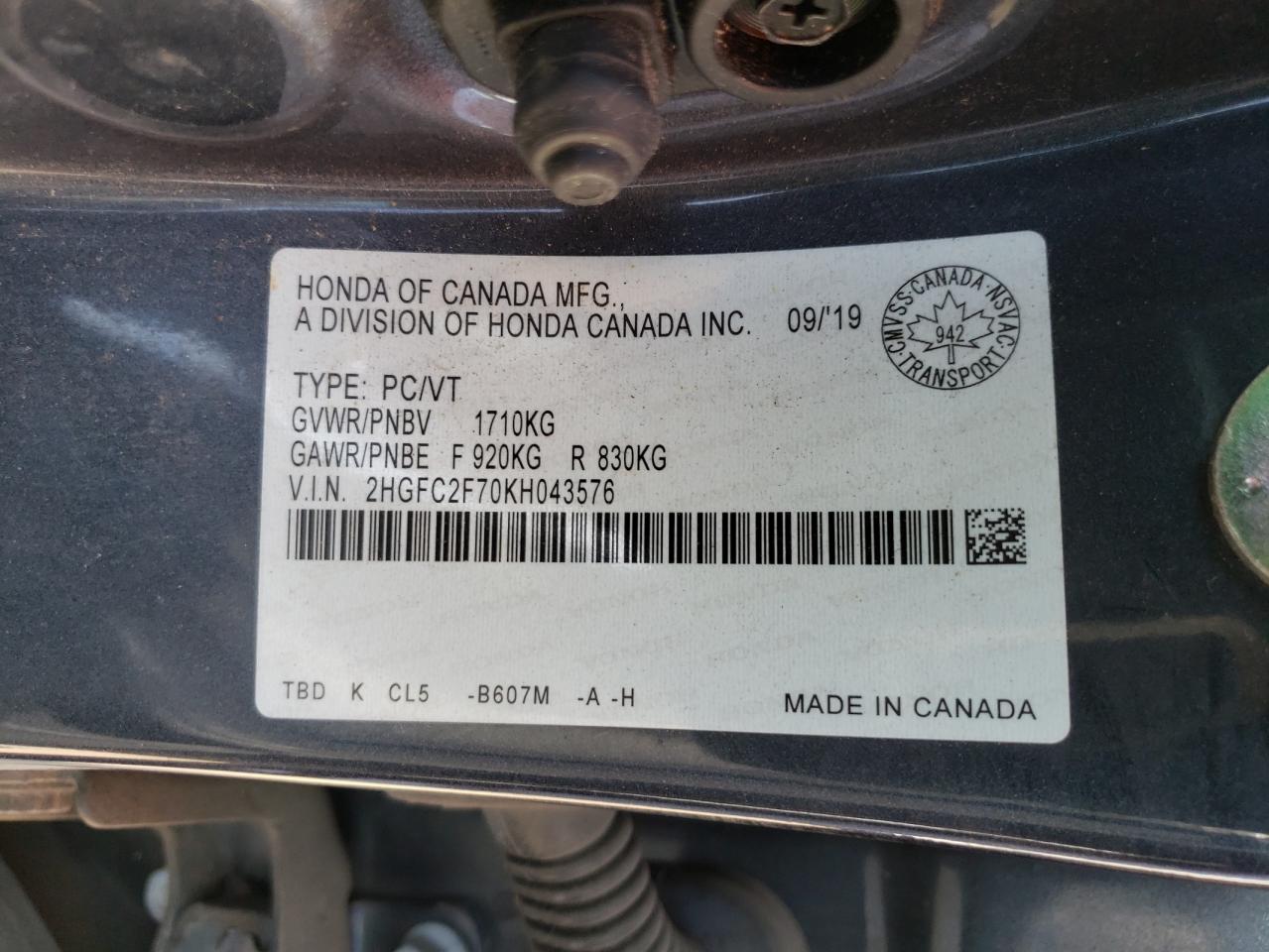 2019 Honda Civic Ex VIN: 2HGFC2F70KH043576 Lot: 80532915