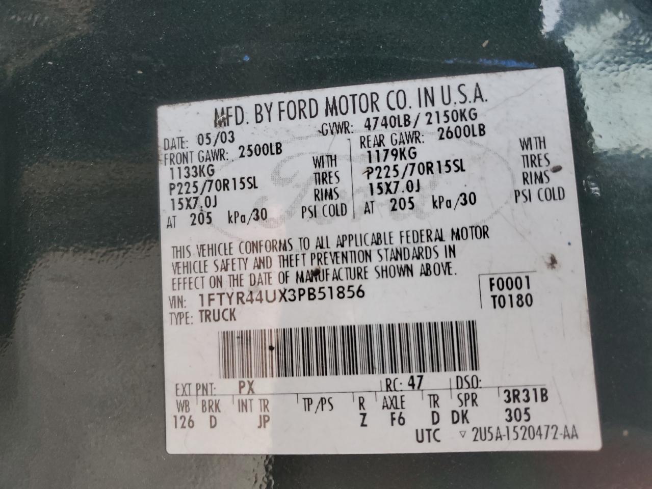 2003 Ford Ranger Super Cab VIN: 1FTYR44UX3PB51856 Lot: 80990405