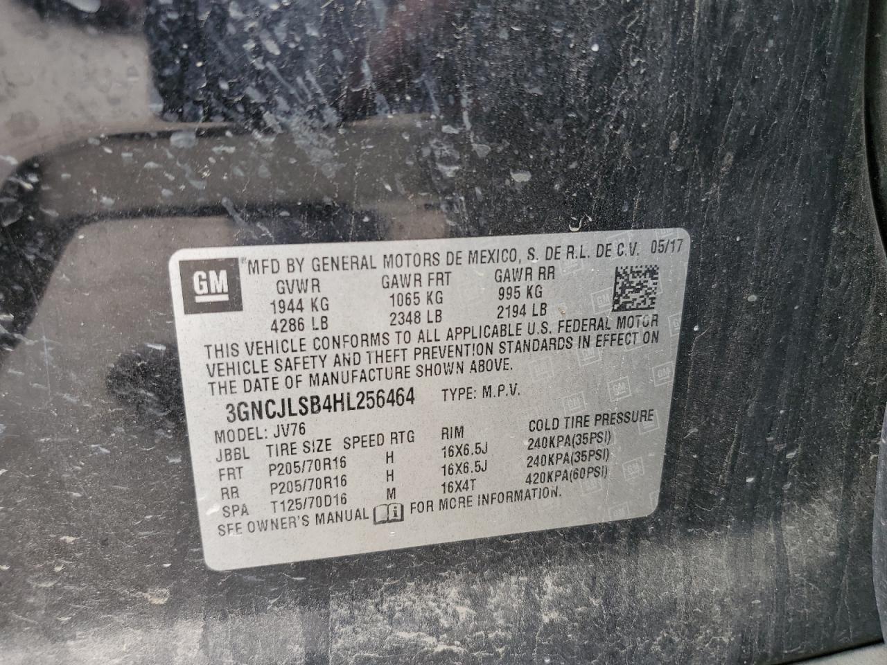 2017 Chevrolet Trax 1Lt VIN: 3GNCJLSB4HL256464 Lot: 83767615