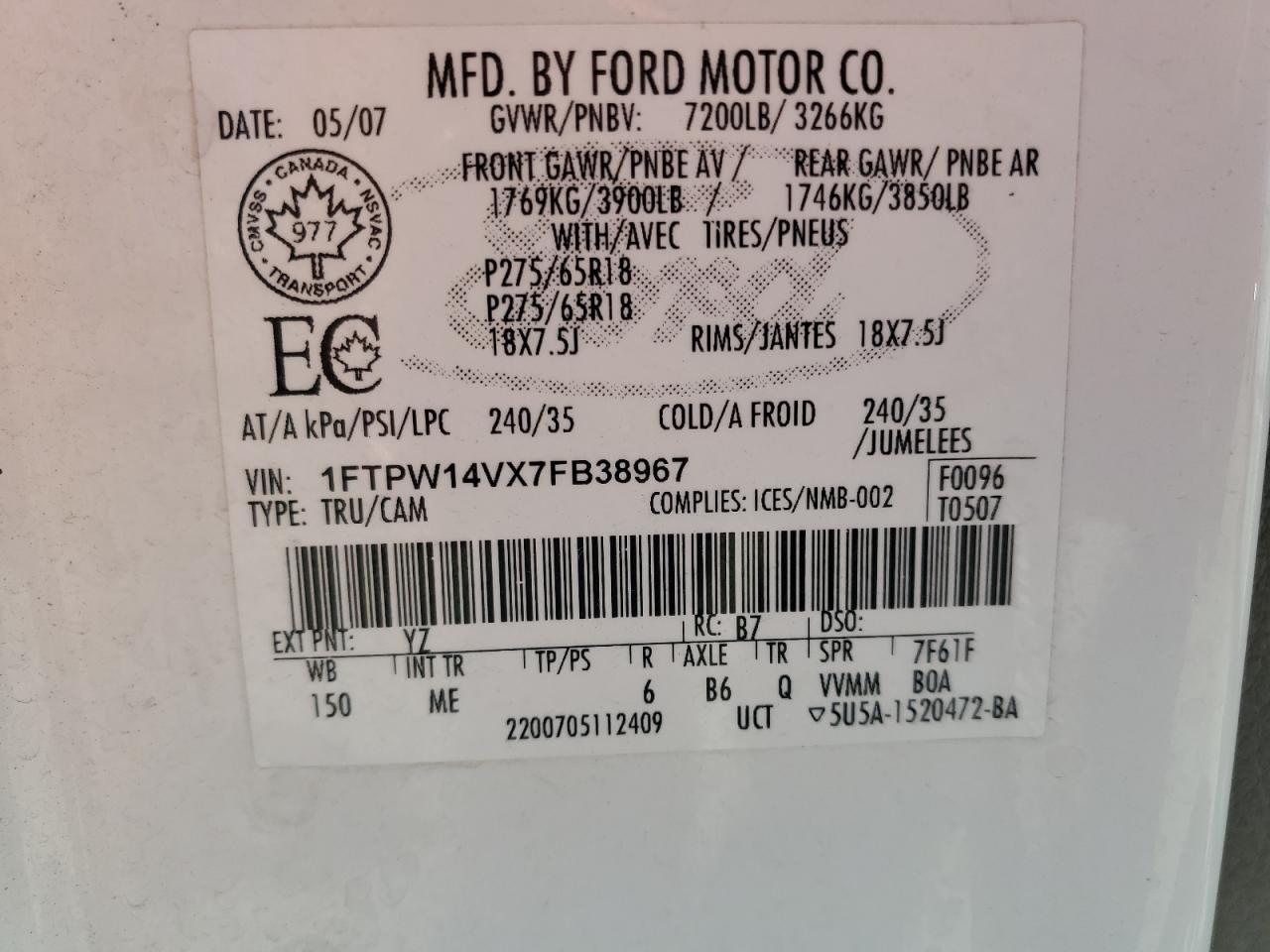 2007 Ford F150 Supercrew VIN: 1FTPW14VX7FB38967 Lot: 71927495