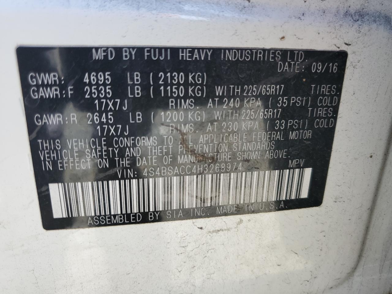 2017 Subaru Outback 2.5I Premium VIN: 4S4BSACC4H3268974 Lot: 81732915