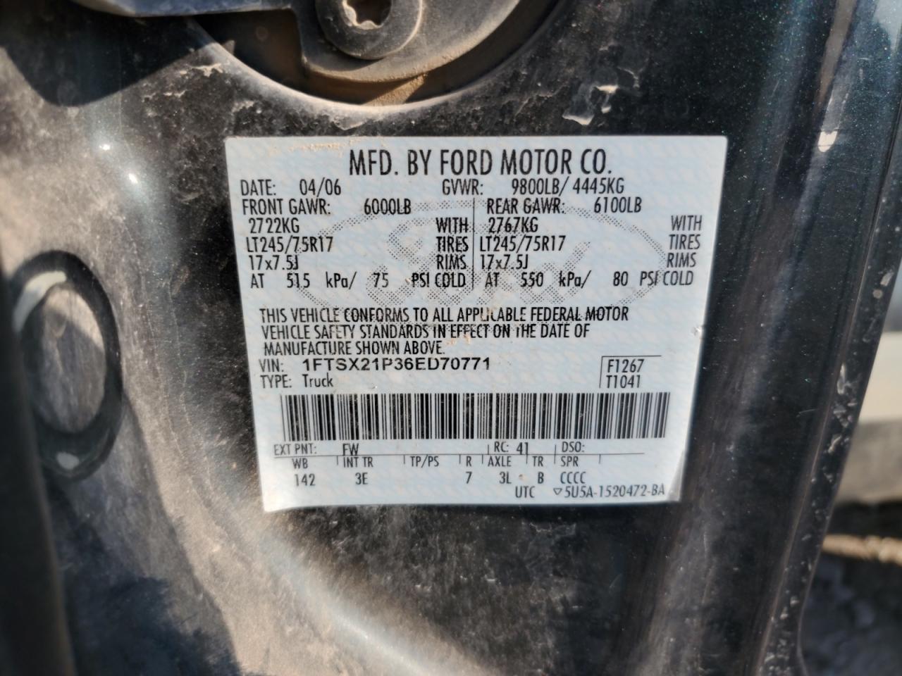 2006 Ford F250 Super Duty VIN: 1FTSX21546ED70812 Lot: 81000195