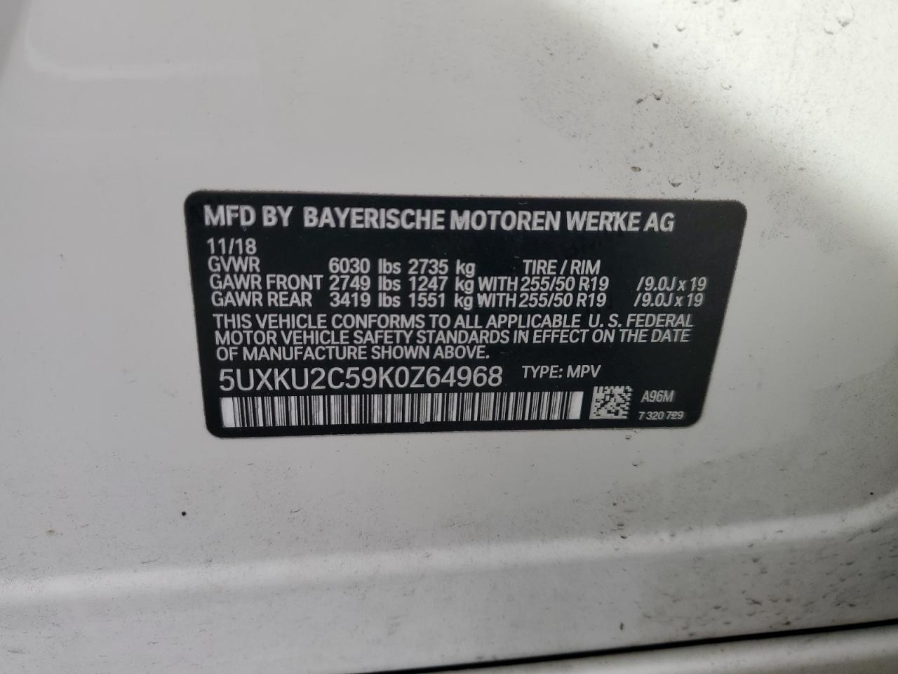 2019 BMW X6 xDrive35I VIN: 5UXKU2C59K0Z64968 Lot: 81002295