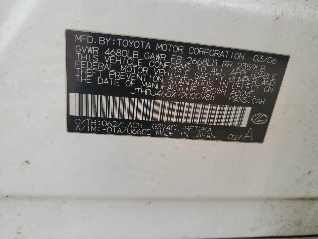 2007 Lexus Es 350 VIN: JTHBJ46GX72000988 Lot: 71499015