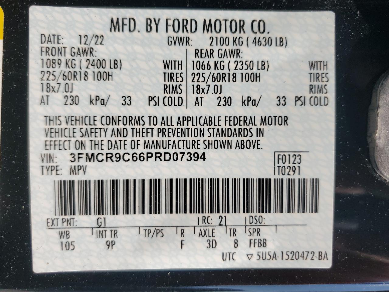 2023 Ford Bronco Sport Outer Banks VIN: 3FMCR9C66PRD07394 Lot: 80478555