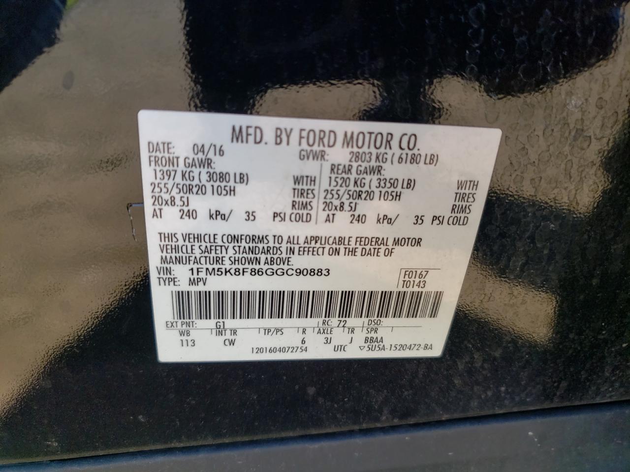 2016 Ford Explorer Limited VIN: 1FM5K8F86GGC90883 Lot: 81908655