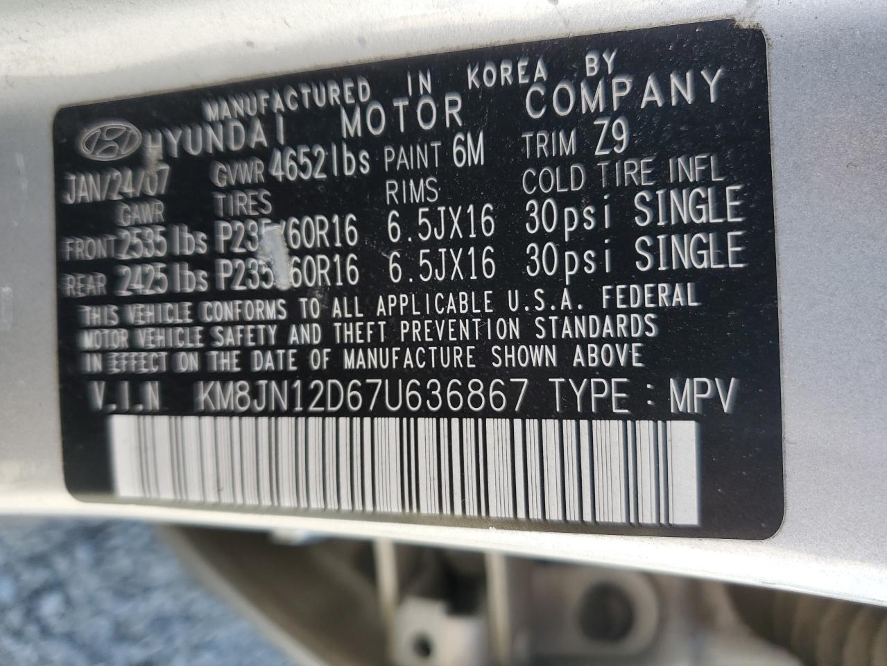 2007 Hyundai Tucson Se VIN: KM8JN12D67U636867 Lot: 81274595