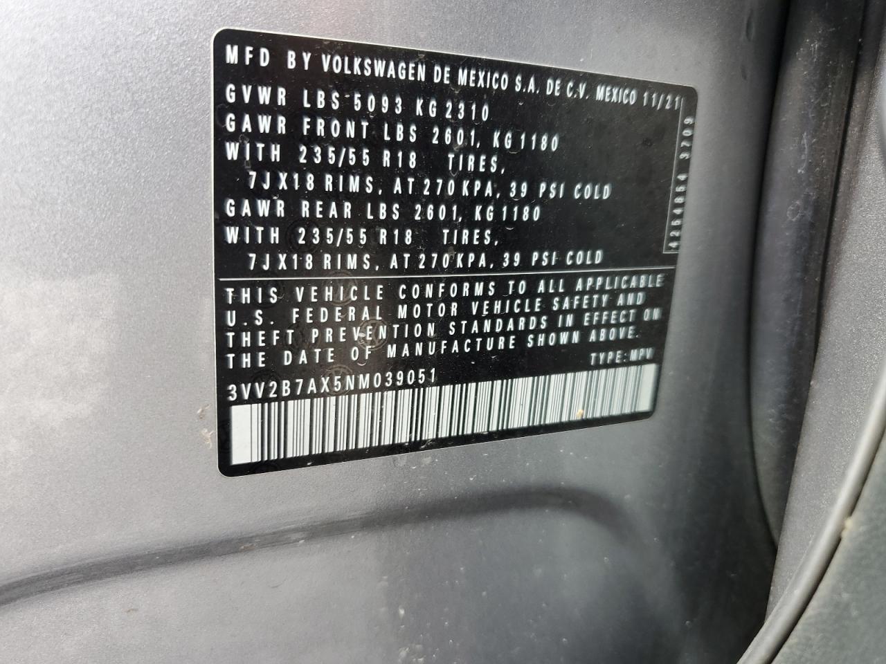 2022 Volkswagen Tiguan Se VIN: 3VV2B7AX5NM039051 Lot: 70636205