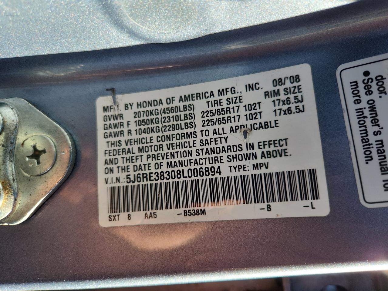 2008 Honda Cr-V Lx VIN: 5J6RE38308L006894 Lot: 82064875