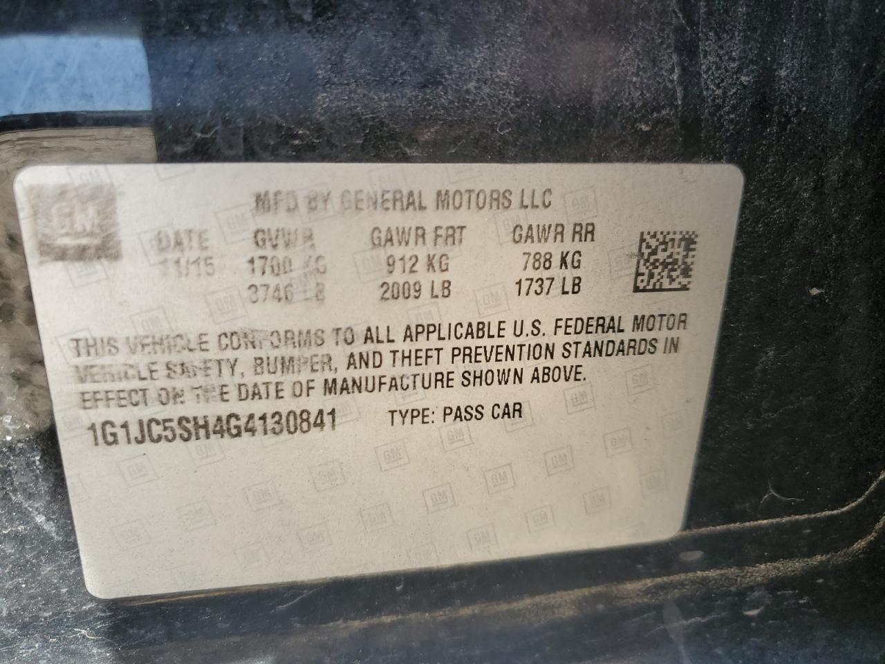 2016 Chevrolet Sonic Lt VIN: 1G1JC5SH4G4130841 Lot: 80881405