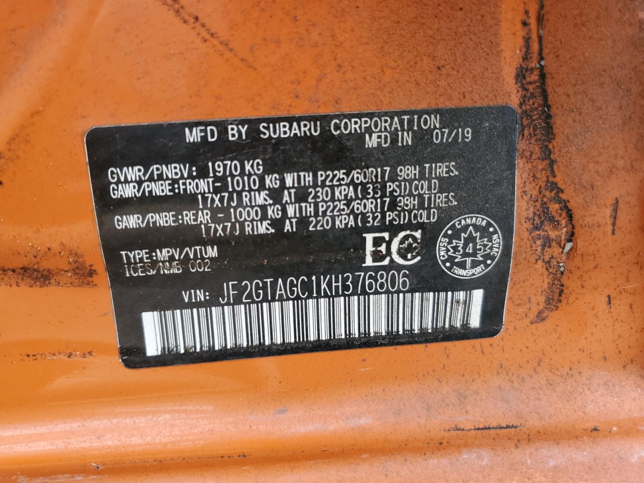 2019 Subaru Crosstrek Premium VIN: JF2GTAGC1KH376806 Lot: 71013965