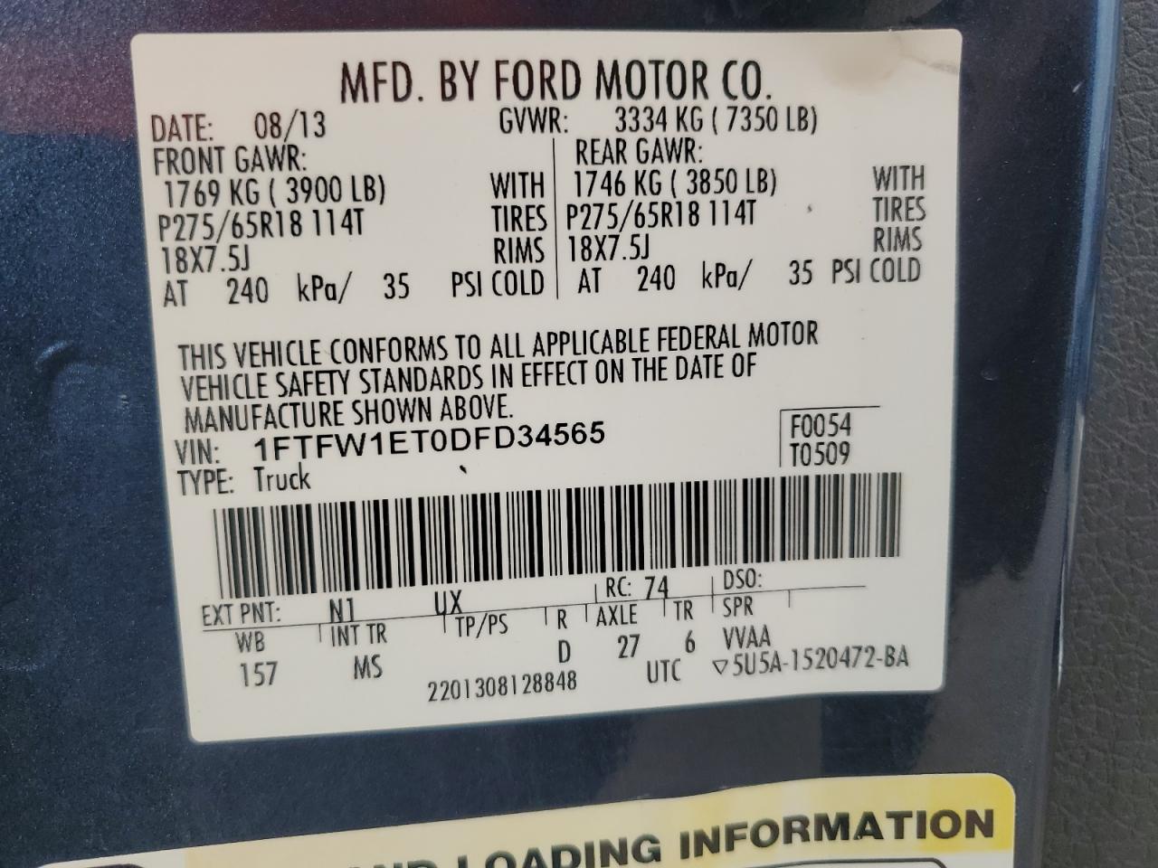 2013 Ford F150 Supercrew VIN: 1FTFW1ET0DFD34565 Lot: 81328295