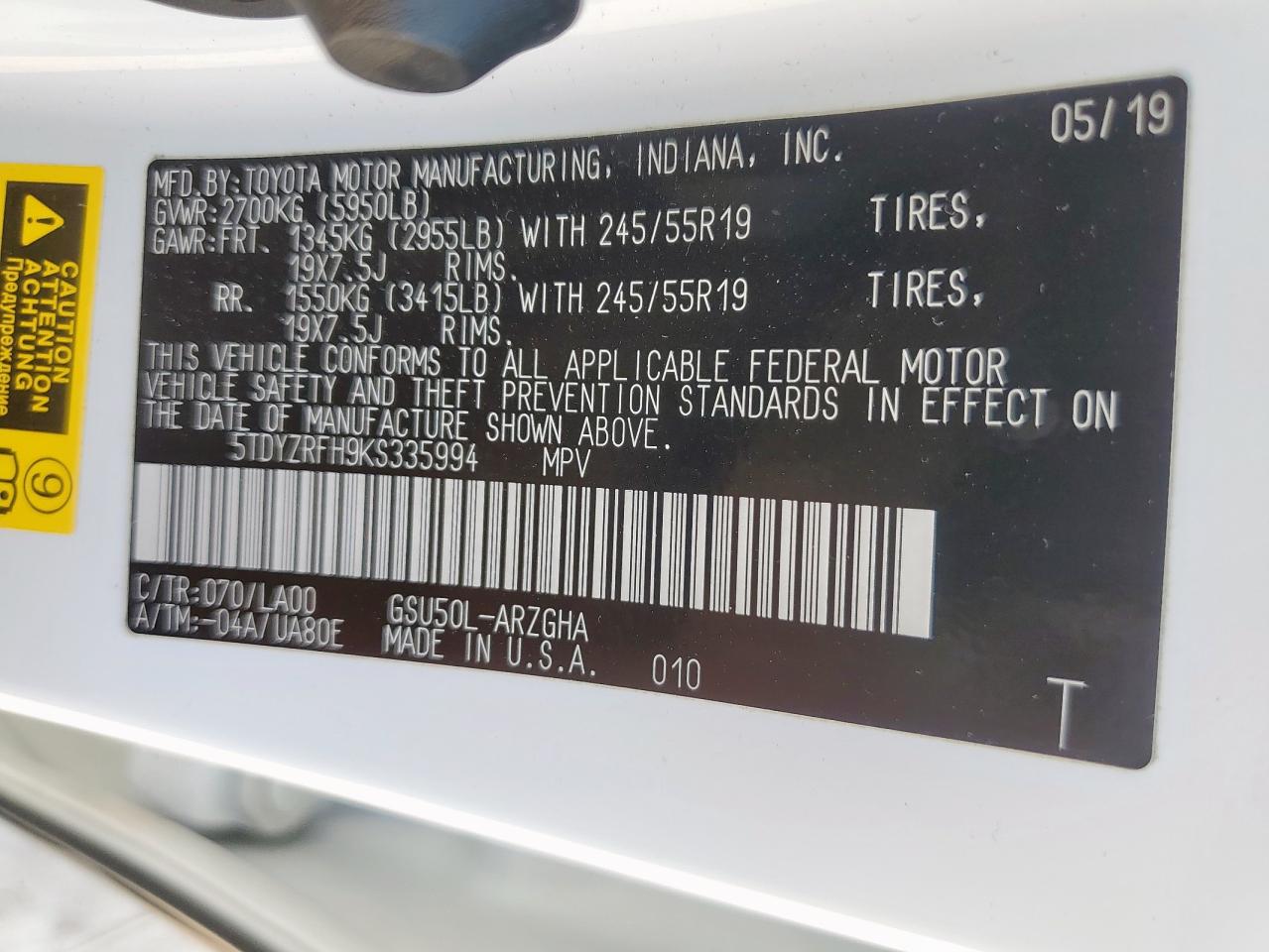 2019 Toyota Highlander Limited VIN: 5TDYZRFH9KS335994 Lot: 81111955