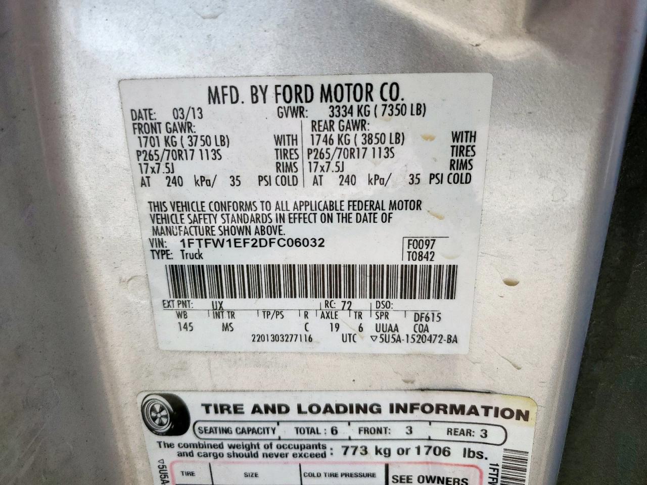 2013 Ford F150 Supercrew VIN: 1FTFW1EF2DFC06032 Lot: 71797385