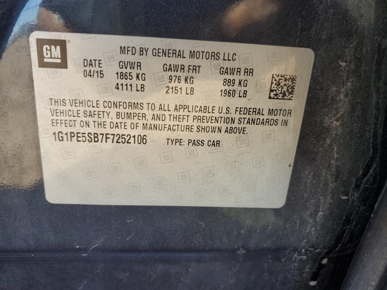 2015 Chevrolet Cruze Lt VIN: 1G1PE5SB7F7252106 Lot: 81757365