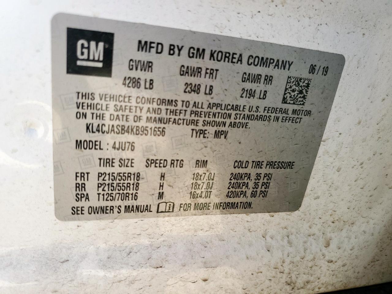 2019 Buick Encore Preferred VIN: KL4CJASB4KB951656 Lot: 83961525