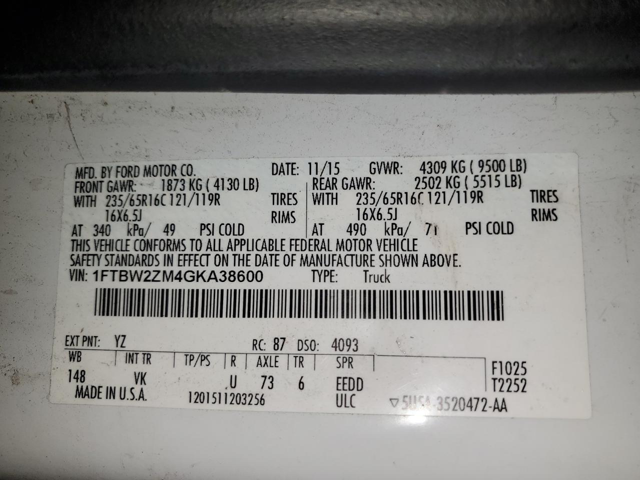 2016 Ford Transit T-350 VIN: 1FTBW2ZM4GKA38600 Lot: 84281755