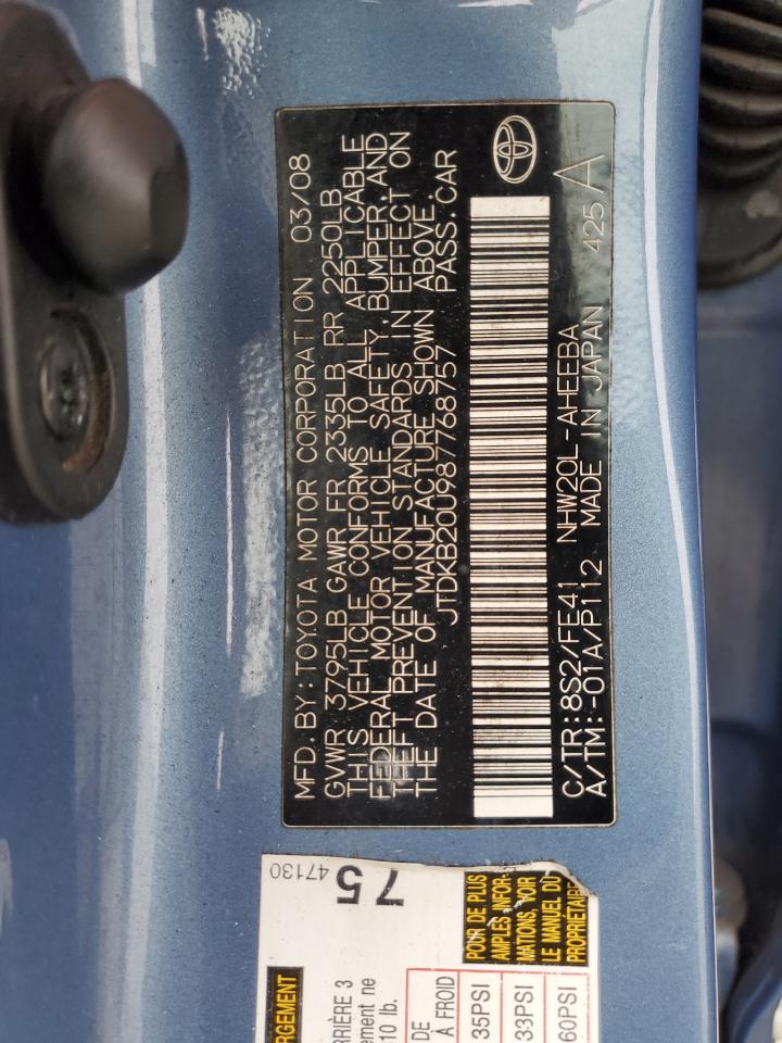 2008 Toyota Prius VIN: JTDKB20U987768757 Lot: 71309485
