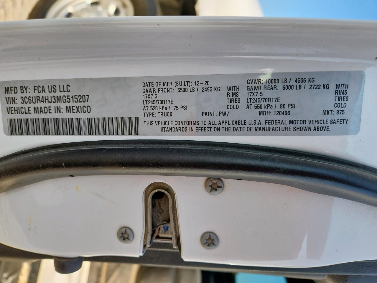 2021 Ram 2500 Tradesman VIN: 3C6UR4HJ3MG515207 Lot: 81629895