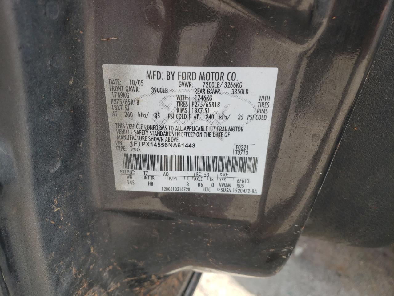 2006 Ford F150 VIN: 1FTPX14556NA61443 Lot: 84289125