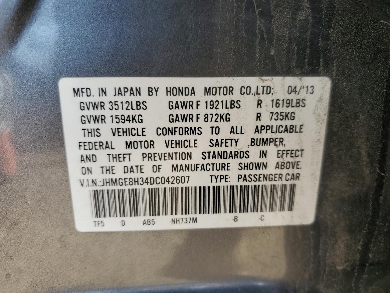 2013 Honda Fit VIN: JHMGE8H34DC042607 Lot: 81875505