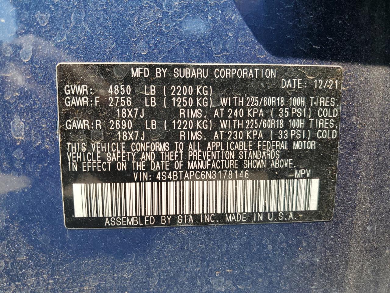 2022 Subaru Outback Touring VIN: 4S4BTAPC6N3178146 Lot: 71120025