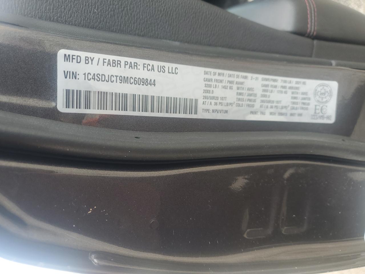 2021 Dodge Durango R/T VIN: 1C4SDJCT9MC609844 Lot: 82093805