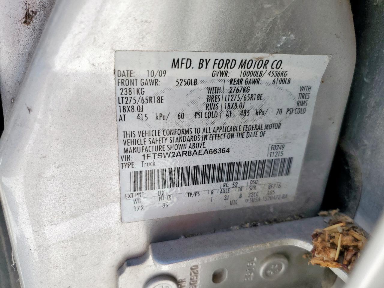 2010 Ford F250 Super Duty VIN: 1FTSW2AR8AEA66364 Lot: 81642585