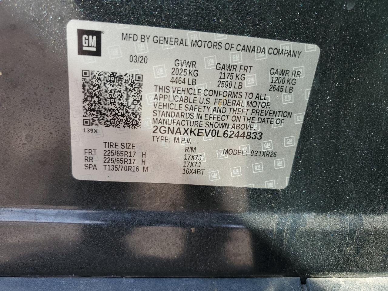 2020 Chevrolet Equinox Lt VIN: 2GNAXKEV0L6244833 Lot: 80294905