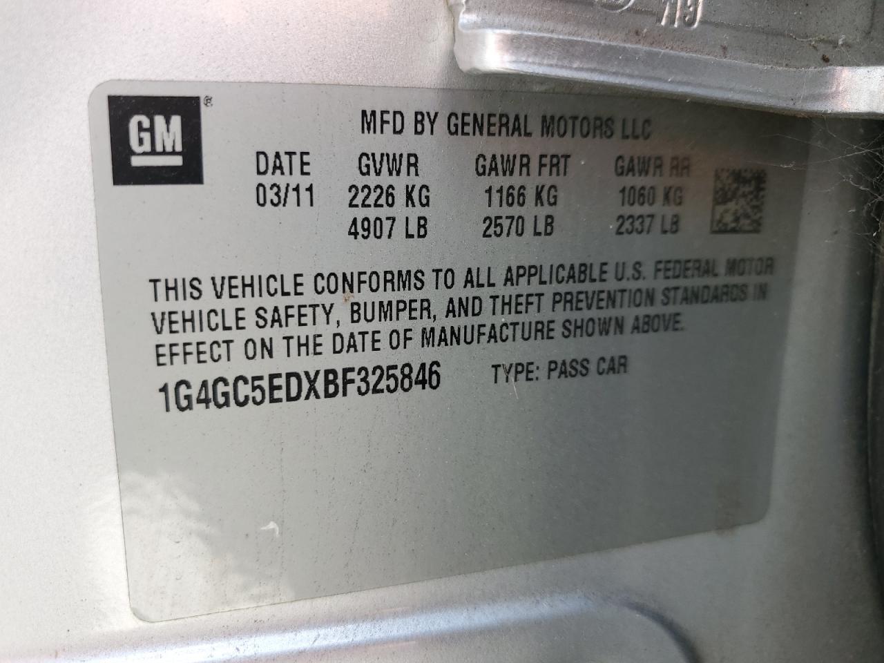 2011 Buick Lacrosse Cxl VIN: 1G4GC5EDXBF325846 Lot: 84233775