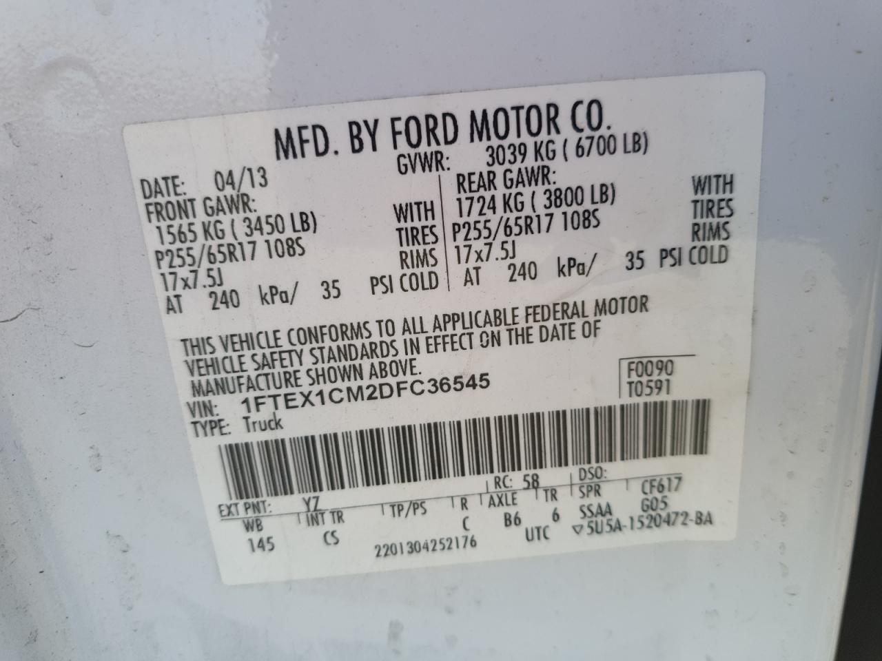 2013 Ford F150 Super Cab VIN: 1FTEX1CM2DFC36545 Lot: 70958805